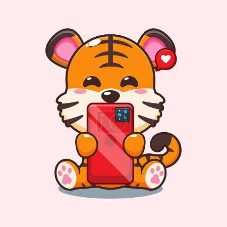 Illustration for Tiger with phone cartoon vector illustration. - Royalty Free Image