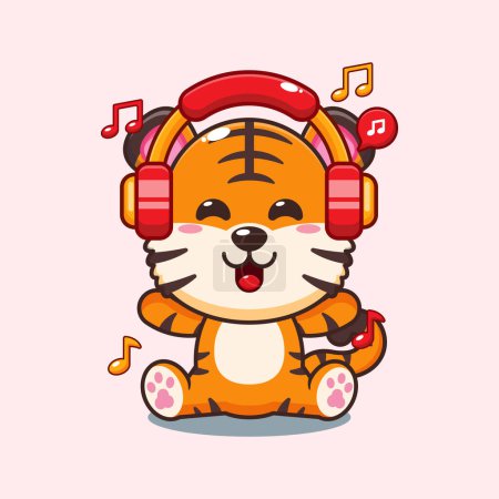 Illustration for Tiger listening music with headphone cartoon vector illustration. - Royalty Free Image