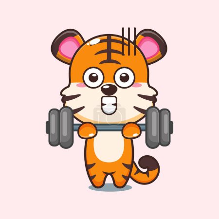 Illustration for Tiger lifting barbell cartoon vector illustration. - Royalty Free Image