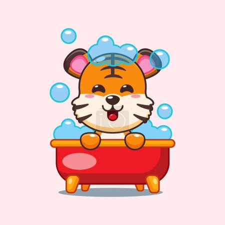 Téléchargez les illustrations : Tigre prenant bain moussant dans la baignoire illustration vectorielle dessin animé. - en licence libre de droit