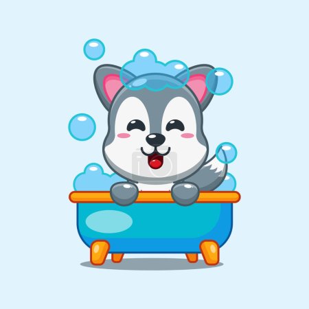 Téléchargez les illustrations : Loup prenant bain moussant dans la baignoire illustration vectorielle dessin animé. - en licence libre de droit