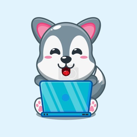 Illustration for Wolf with laptop cartoon vector illustration. - Royalty Free Image