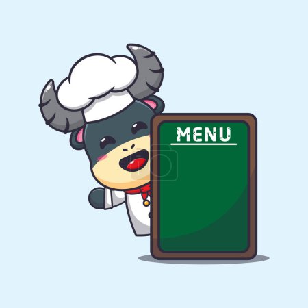 Téléchargez les illustrations : Chef buffle dessin animé vecteur avec carte de menu. - en licence libre de droit