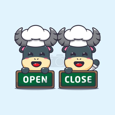 Illustration for Chef buffalo cartoon vector with open and close board. - Royalty Free Image