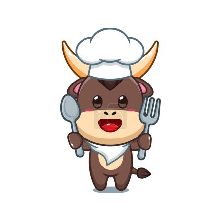 Téléchargez les illustrations : Chef bull dessin animé vecteur tenant cuillère et fourchette. - en licence libre de droit