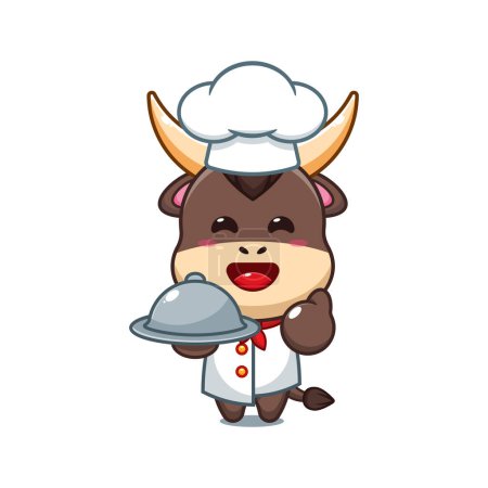Illustration for Chef bull cartoon vector with dish. - Royalty Free Image