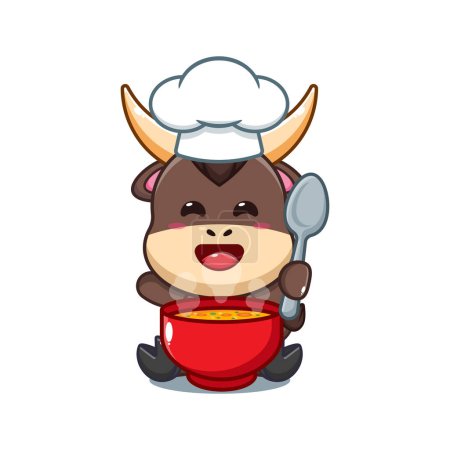 Téléchargez les illustrations : Chef bull dessin animé vecteur avec soupe. - en licence libre de droit