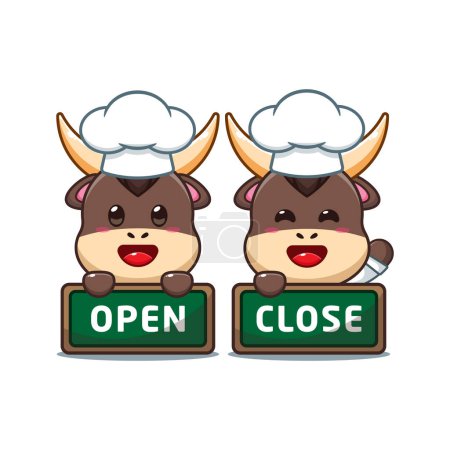 Ilustración de Chef toro vector de dibujos animados con tablero abierto y cerrado. - Imagen libre de derechos