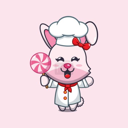 Téléchargez les illustrations : Chef lapin dessin animé vecteur tenant bonbons. - en licence libre de droit