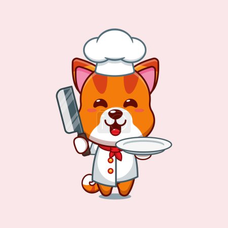 Illustration for Chef cat cartoon vector with knife and plate. - Royalty Free Image