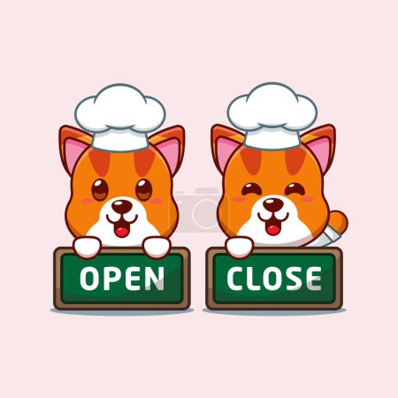 Illustration for Chef cat cartoon vector with open and close board. - Royalty Free Image