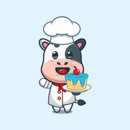 Ilustración de Chef vaca vector de dibujos animados con pastel. - Imagen libre de derechos