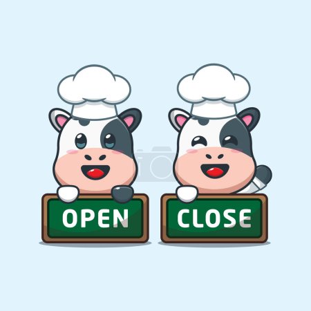 Illustration for Chef cow cartoon vector with open and close board. - Royalty Free Image