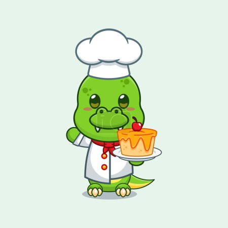 Ilustración de Chef dino vector de dibujos animados con pastel. - Imagen libre de derechos