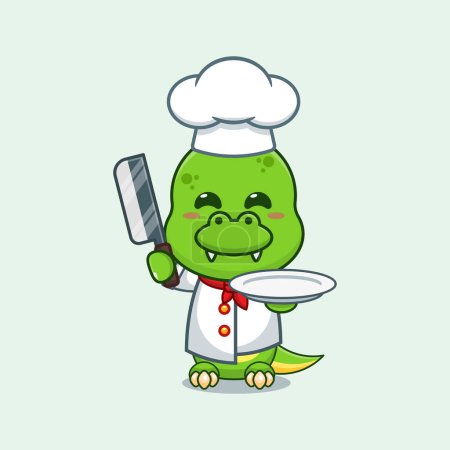 Illustration for Chef dino cartoon vector with knife and plate. - Royalty Free Image