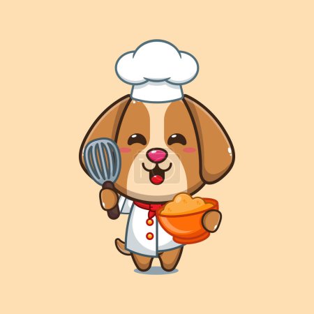 Téléchargez les illustrations : Chef chien dessin animé vecteur avec pâte à gâteau. - en licence libre de droit