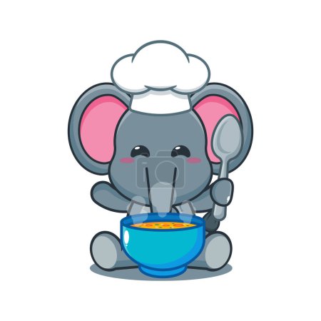 Téléchargez les illustrations : Chef éléphant vecteur de dessin animé avec soupe. - en licence libre de droit