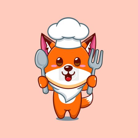 Illustration for Chef fox cartoon vector holding spoon and fork. - Royalty Free Image