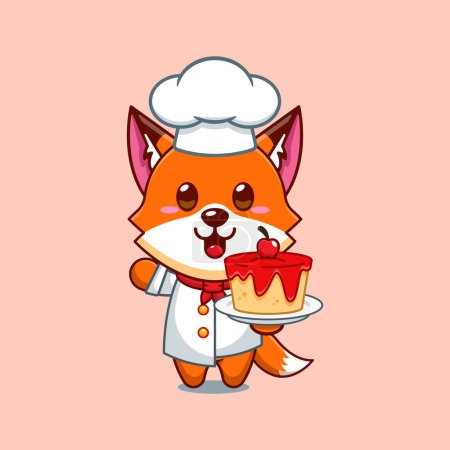 Ilustración de Chef Fox vector de dibujos animados con pastel. - Imagen libre de derechos