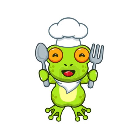 Téléchargez les illustrations : Chef grenouille dessin animé vecteur tenant cuillère et fourchette. - en licence libre de droit