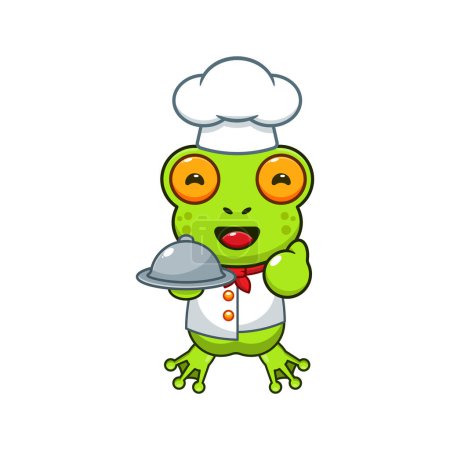 Téléchargez les illustrations : Chef grenouille dessin animé vecteur avec plat. - en licence libre de droit