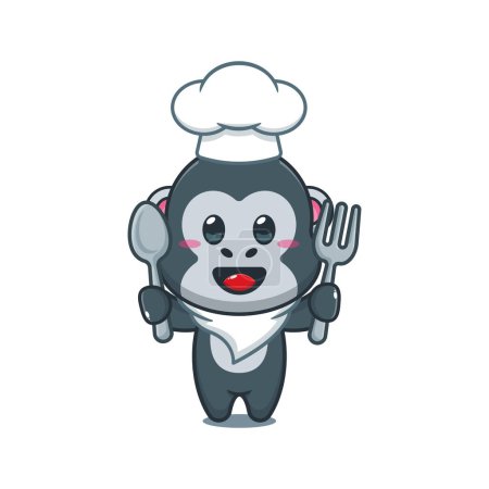 Foto de Chef gorila caricatura vector celebración cuchara y tenedor. - Imagen libre de derechos