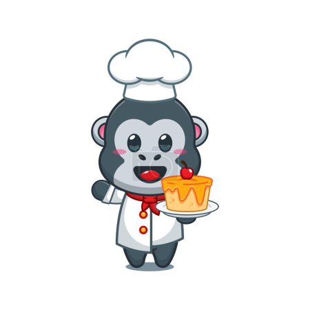 Téléchargez les illustrations : Chef gorille vecteur de dessin animé avec gâteau. - en licence libre de droit