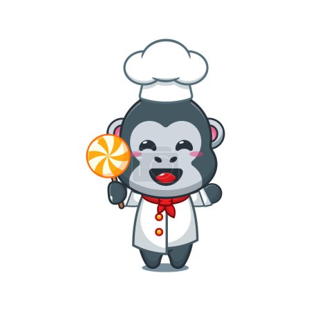 Téléchargez les illustrations : Chef gorille dessin animé vecteur tenant bonbons. - en licence libre de droit