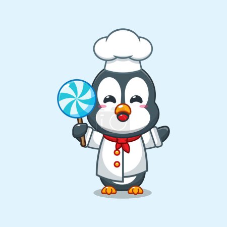 Téléchargez les illustrations : Chef pingouin dessin animé vecteur tenant bonbons. - en licence libre de droit