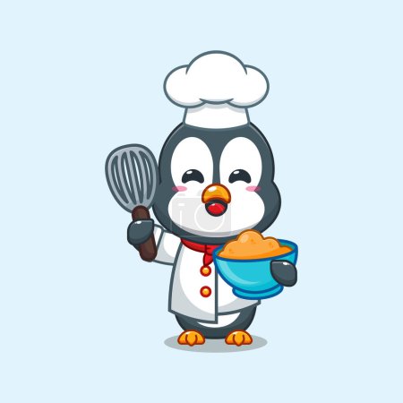 Téléchargez les illustrations : Chef pingouin vecteur de dessin animé avec pâte à gâteau. - en licence libre de droit
