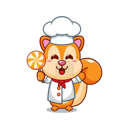 Téléchargez les illustrations : Chef écureuil dessin animé vecteur tenant bonbons. - en licence libre de droit