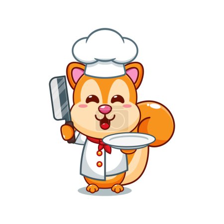 Téléchargez les illustrations : Chef écureuil vecteur de dessin animé avec couteau et assiette. - en licence libre de droit