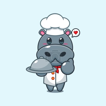 Téléchargez les illustrations : Chef hippo vecteur de dessin animé avec plat. - en licence libre de droit