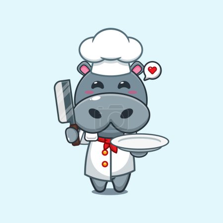 Téléchargez les illustrations : Chef hippo vecteur de dessin animé avec couteau et assiette. - en licence libre de droit