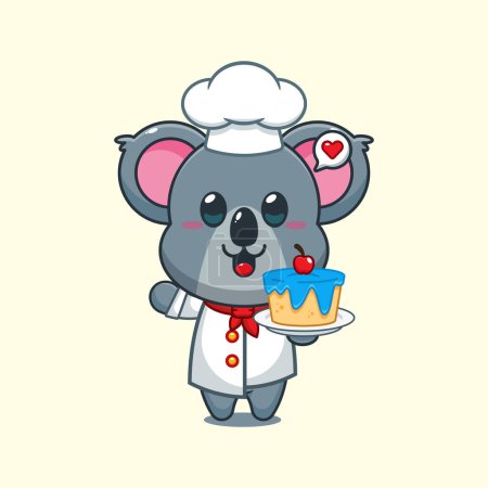 Téléchargez les illustrations : Chef koala vecteur de dessin animé avec gâteau. - en licence libre de droit