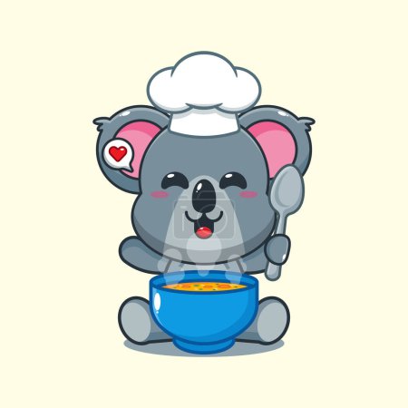 Téléchargez les illustrations : Chef koala vecteur de dessin animé avec soupe. - en licence libre de droit