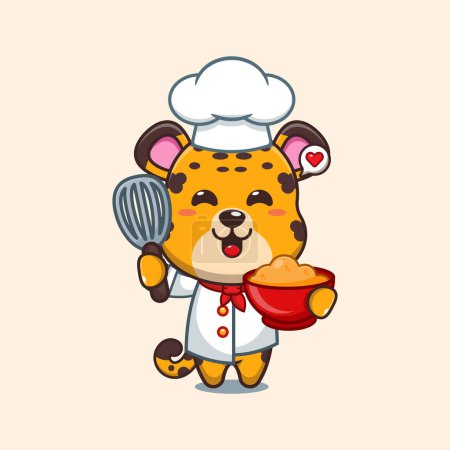 Téléchargez les illustrations : Chef léopard vecteur de dessin animé avec pâte à gâteau. - en licence libre de droit
