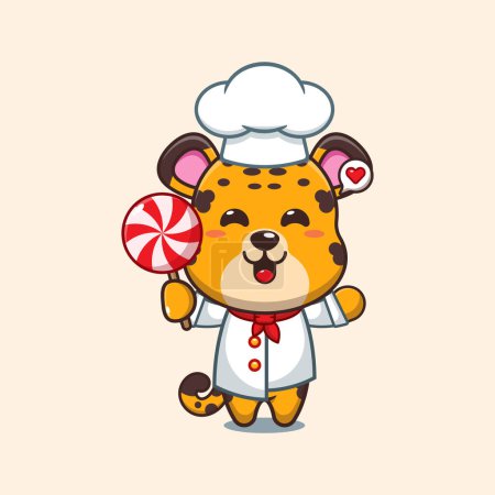 Téléchargez les illustrations : Chef léopard vecteur de dessin animé tenant bonbons. - en licence libre de droit