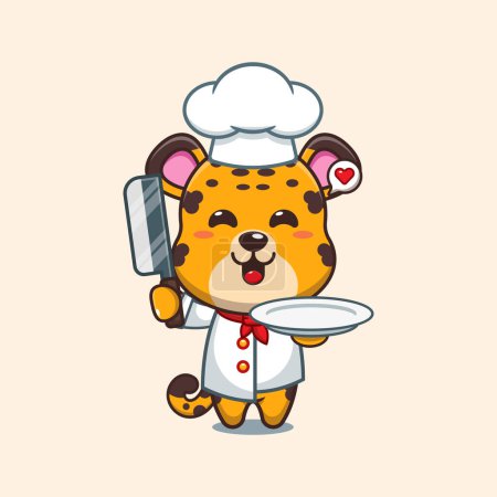 Téléchargez les illustrations : Chef léopard vecteur de dessin animé avec couteau et assiette. - en licence libre de droit