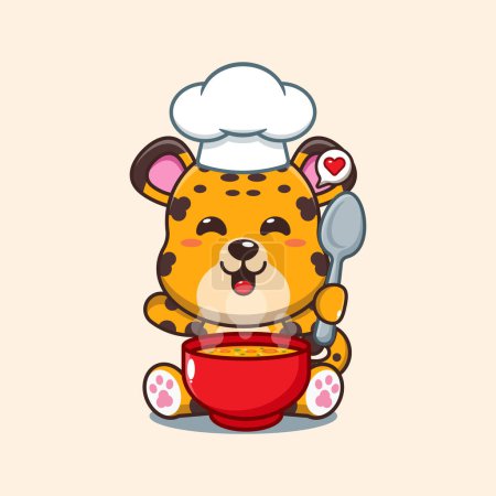 Illustration for Chef leopard cartoon vector with soup. - Royalty Free Image