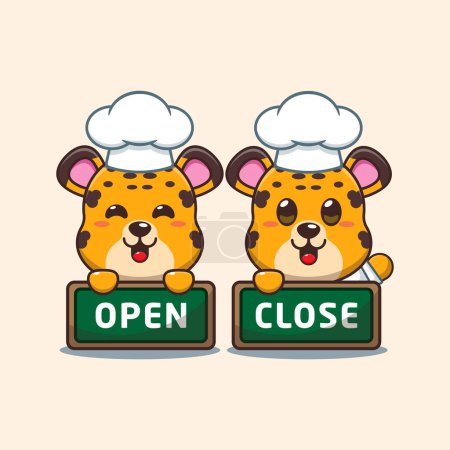 Téléchargez les illustrations : Chef léopard vecteur de dessin animé avec planche ouverte et fermée. - en licence libre de droit