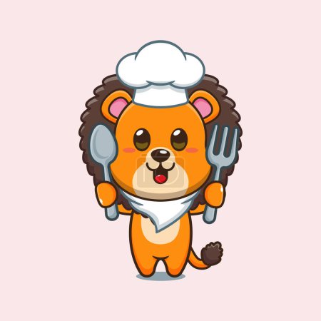 Ilustración de Chef león de dibujos animados vector celebración cuchara y tenedor. - Imagen libre de derechos