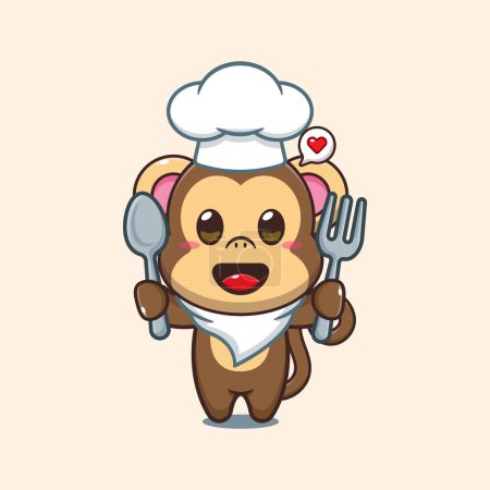 Illustration for Chef monkey cartoon vector holding spoon and fork. - Royalty Free Image