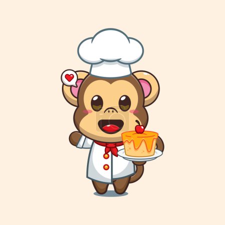 Ilustración de Chef mono vector de dibujos animados con pastel. - Imagen libre de derechos