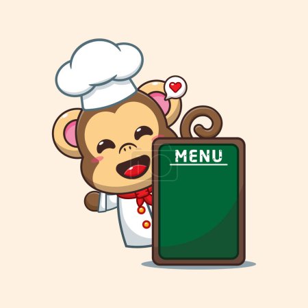 Téléchargez les illustrations : Chef singe dessin animé vecteur avec panneau de menu. - en licence libre de droit