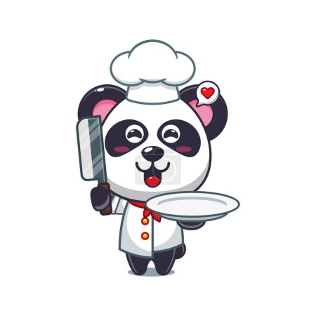 Téléchargez les illustrations : Chef panda vecteur de dessin animé avec couteau et assiette. - en licence libre de droit