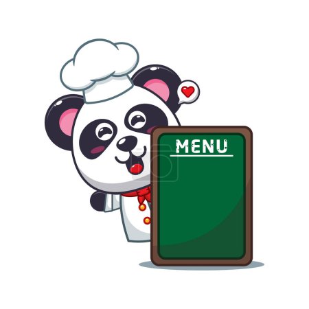 Téléchargez les illustrations : Chef panda vecteur de dessin animé avec panneau de menu. - en licence libre de droit