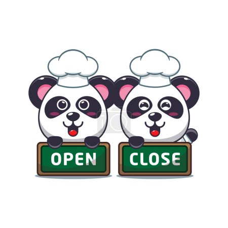 Téléchargez les illustrations : Chef panda vecteur de dessin animé avec planche ouverte et fermée. - en licence libre de droit