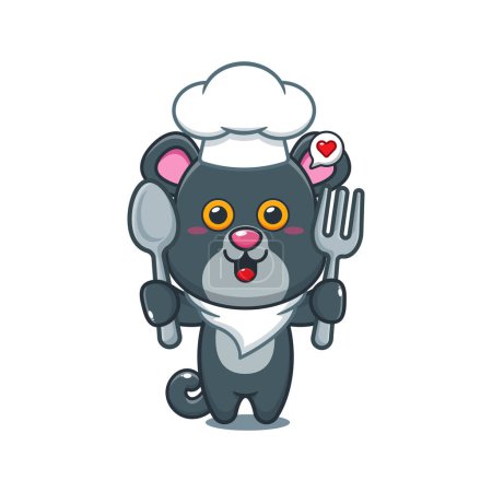 Ilustración de Chef pantera vector de dibujos animados celebración cuchara y tenedor. - Imagen libre de derechos