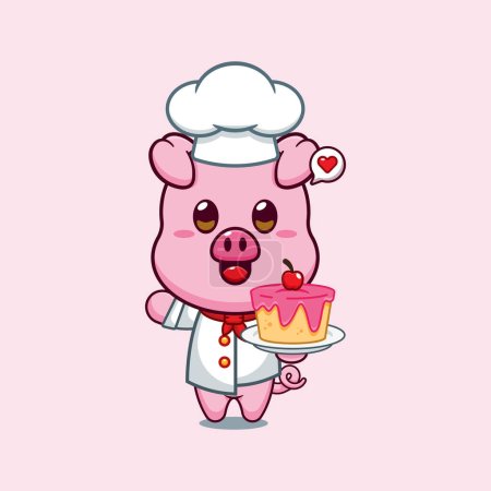 Ilustración de Chef vector de dibujos animados cerdo con pastel. - Imagen libre de derechos